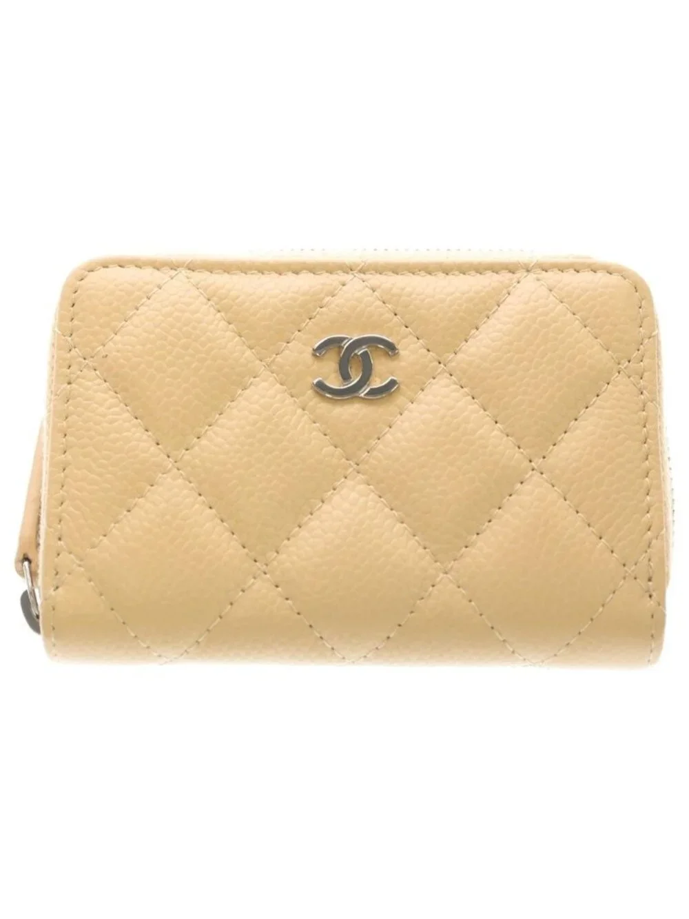 Chanel Quilted Classic Zip Coin Case Mini Wallet Beige Caviar Leather Silver